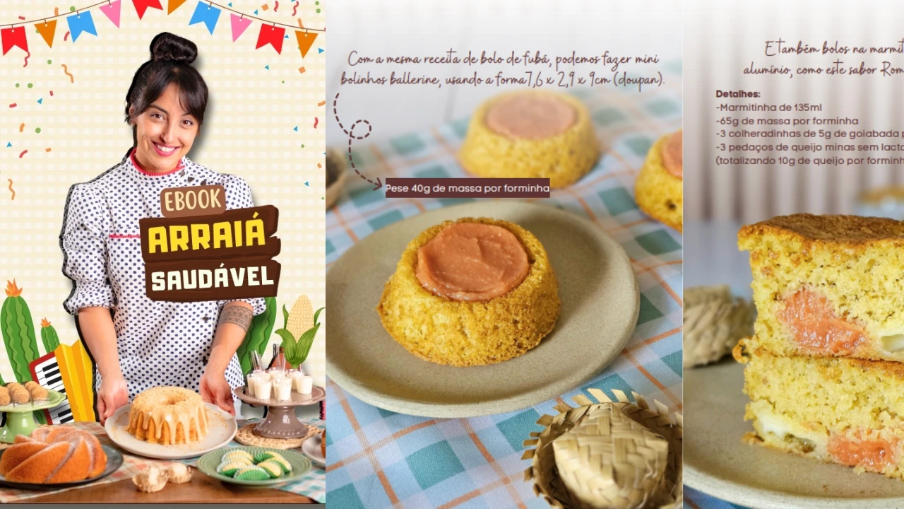 Páginas do e-book Arraiá Saudável: capa com Natália e receitas de bolo de fubá