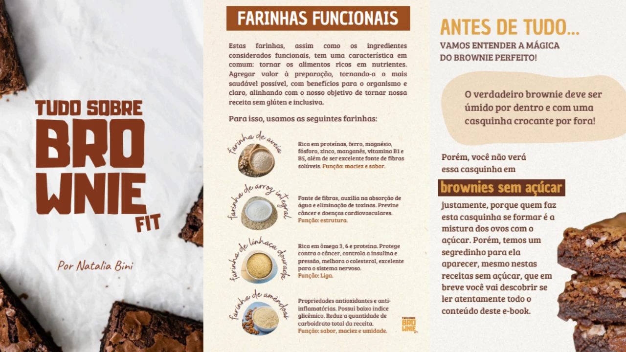 Páginas do e-book Tudo Sobre Brownie Fit: capa e farinhas funcionais