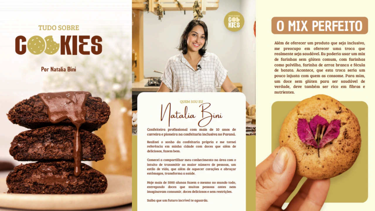 Páginas do e-book Tudo Sobre Cookies: capa, apresentação da Natália e o mix perfeito